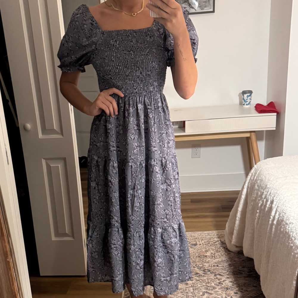 Smocked Puff-Sleeve Midi Dress in Dusty Lavender